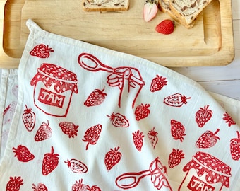Strawberry Jam Jar Hand Printed Tea Towel- Farmers Market Style Home Decor