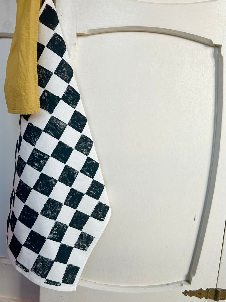 Hand Block Printed Tea Towel Black and White Checkered Print Tea Towel, retro vibe kitchen towel, gift for baker, hostess gift, home goods image 3