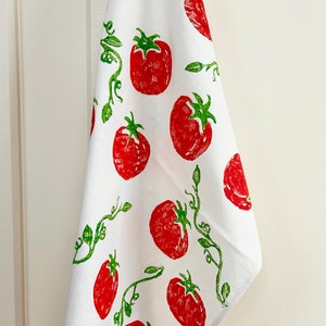 Hand Printed Tomato Tea Towel Organic Cotton, eco-friendly kitchen linens, gifts under 25, Italians, vine tomato tea towel, foodie fun image 2