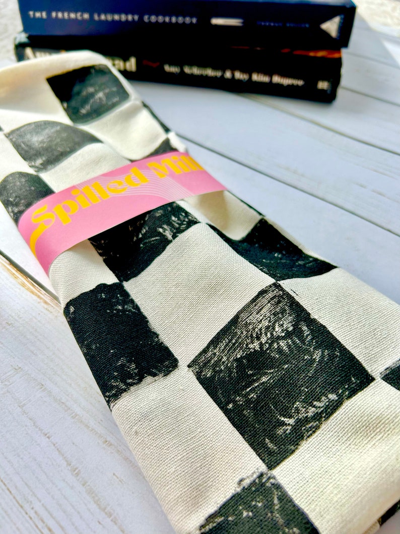 Hand Block Printed Tea Towel Black and White Checkered Print Tea Towel, retro vibe kitchen towel, gift for baker, hostess gift, home goods image 4