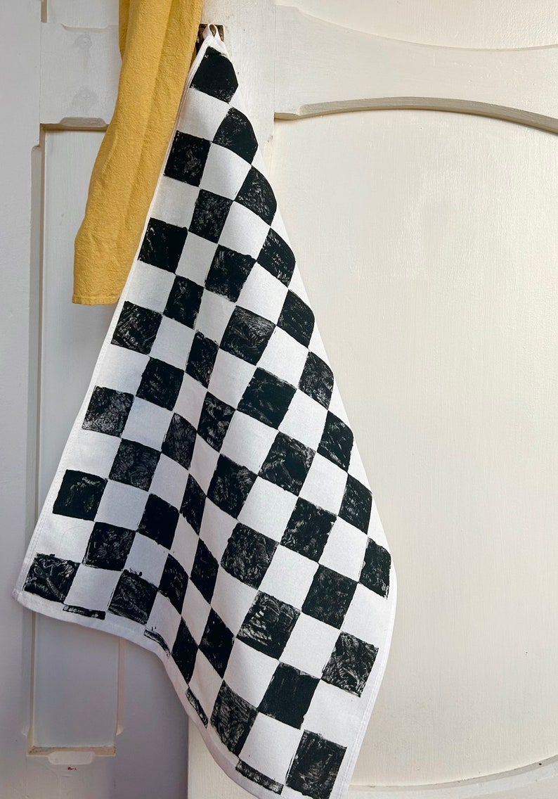 Hand Block Printed Tea Towel Black and White Checkered Print Tea Towel, retro vibe kitchen towel, gift for baker, hostess gift, home goods image 7