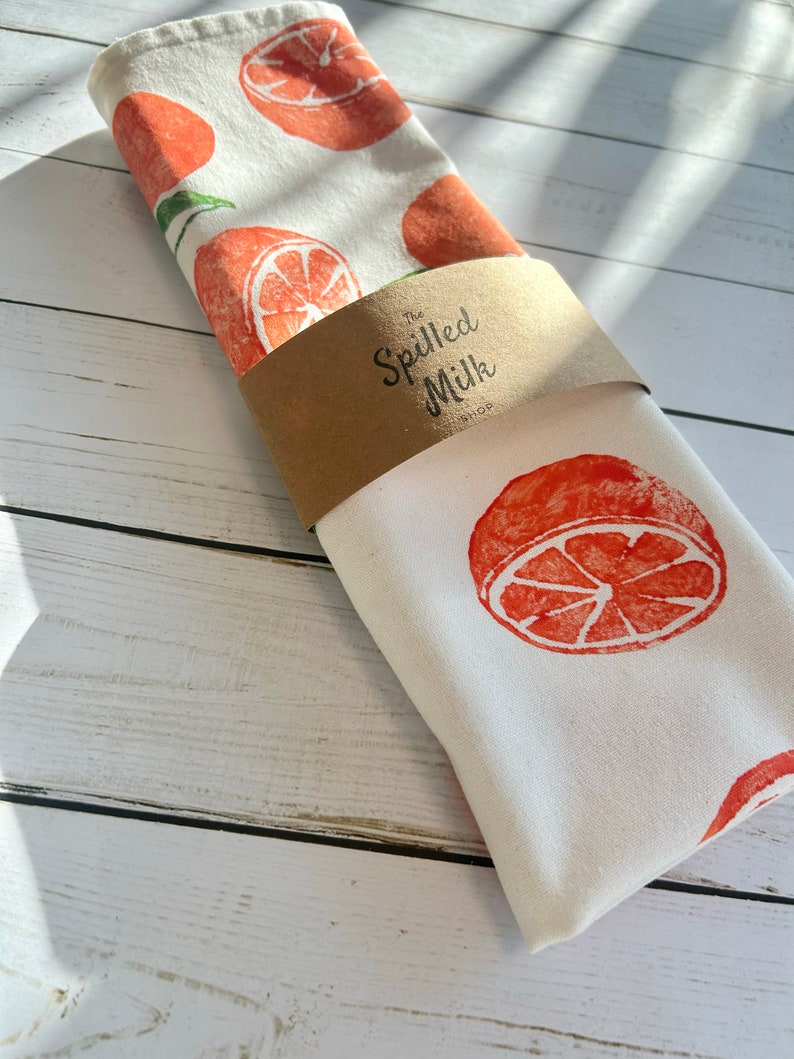 Hand Block Printed Orange Tea Towel-Fruit print tea towel, hostess gift, boho, tea towel with oranges, hand stamped tea towel, fruity linens image 8