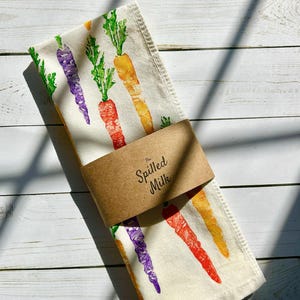 Hand Block Printed Carrot Tea Towel – Garden Harvest Kitchen Decor
