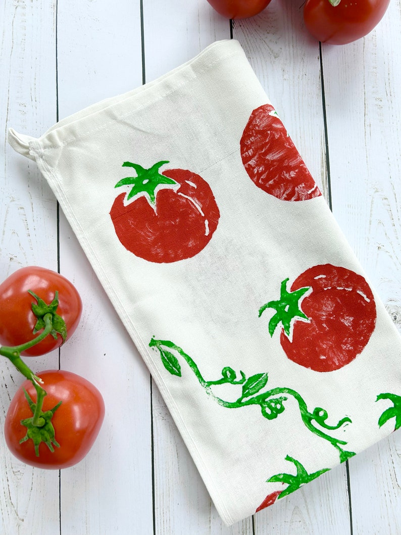 Hand Printed Tomato Tea Towel Organic Cotton, eco-friendly kitchen linens, gifts under 25, Italians, vine tomato tea towel, foodie fun image 7