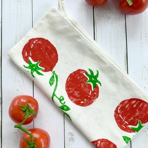 Hand Printed Tomato Tea Towel Organic Cotton, eco-friendly kitchen linens, gifts under 25, Italians, vine tomato tea towel, foodie fun image 1