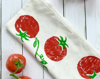 Hand Printed Tomato Tea Towel - Organic Cotton, eco-friendly kitchen linens, gifts under 25, Italians, vine tomato tea towel, foodie fun