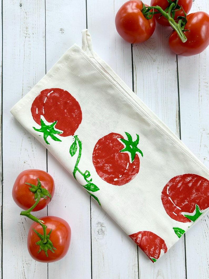 Hand Printed Tomato Tea Towel Organic Cotton, eco-friendly kitchen linens, gifts under 25, Italians, vine tomato tea towel, foodie fun image 1