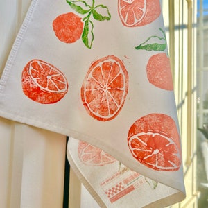 Hand Block Printed Orange Tea Towel-Fruit print tea towel, hostess gift, boho, tea towel with oranges, hand stamped tea towel, fruity linens image 3