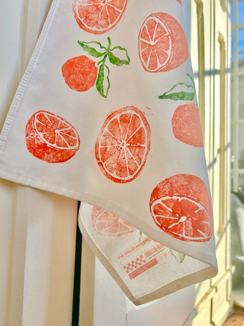 Hand Block Printed Orange Tea Towel-Fruit print tea towel, hostess gift, boho, tea towel with oranges, hand stamped tea towel, fruity linens image 3