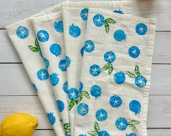 Hand Block Printed Cloth Napkins- Set of 4 Blueberry Cloth Napkins, Picnic, Country, Hostess Gift, Blueberries, Summer Linens