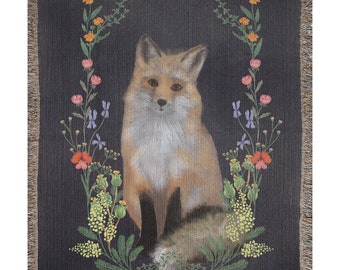 Flore et faune Fox - couverture tissée illustrée, couverture imprimée d'art, jeté de couverture, art dessiné à la main, couverture d'art de renard, couverture de jet de renard