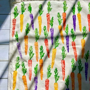 Hand Block Printed Tea Towel carrots print flour sack towel, easter tea towel, spring tea towel, spring kitchen decor, foodie fun image 8