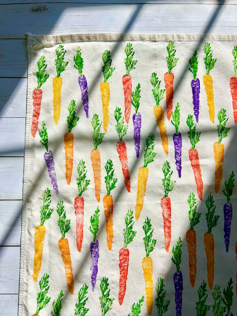 Hand Block Printed Tea Towel carrots print flour sack towel, easter tea towel, spring tea towel, spring kitchen decor, foodie fun image 8