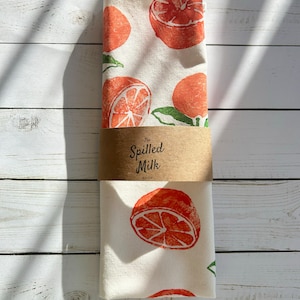 Hand Block Printed Orange Tea Towel-Fruit print tea towel, hostess gift, boho, tea towel with oranges, hand stamped tea towel, fruity linens image 4