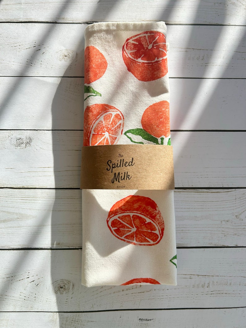 Hand Block Printed Orange Tea Towel-Fruit print tea towel, hostess gift, boho, tea towel with oranges, hand stamped tea towel, fruity linens image 4