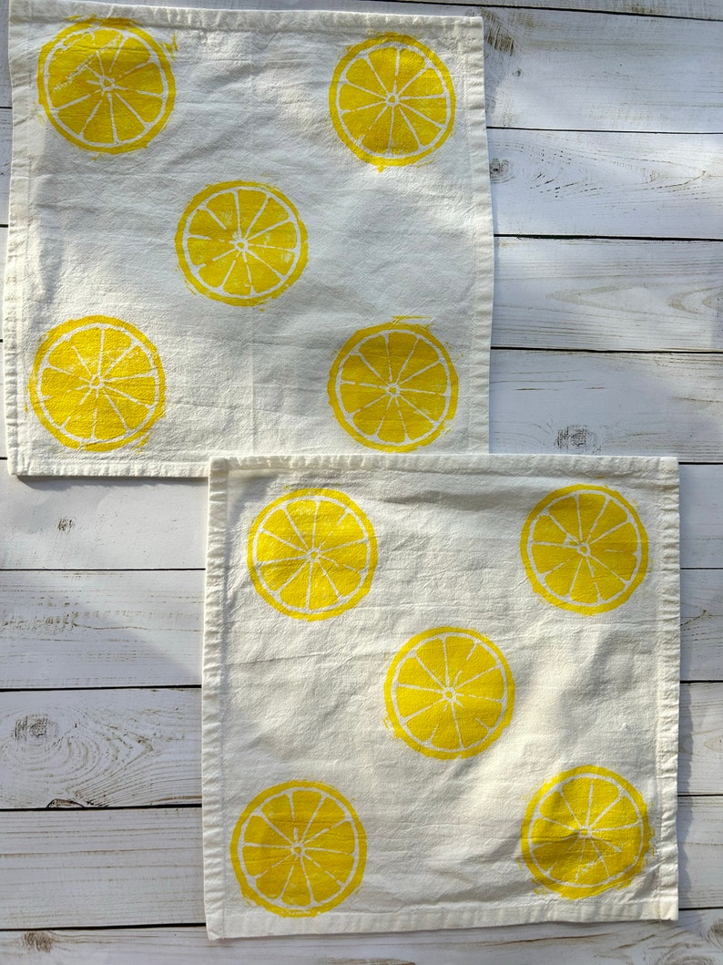 Hand Block Printed Cloth Napkins Set of 4 Lemon Print Napkins, Spring kitchen, Hostess gifts, Block printed towel, Gifts under 25,Easter image 2