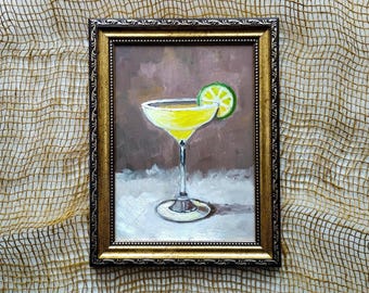 Margarita Cocktail Original Oil Painting: Vibrant Bar Cart Art