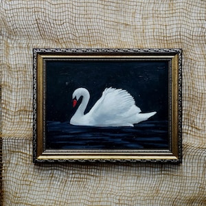 Framed White Swan Oil Painting: Minimalist Impressionism Bird Art
