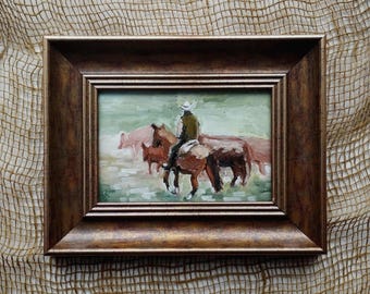Cowboy Original western oljemålning 4 x 6 i miniatyr Vilda Västern konst Hästkonstverk