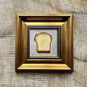Tostada con mantequilla. Pintura al óleo original. Pequeño cuadro enmarcado. Arte culinario. Obra de arte para el desayuno.