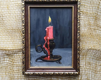 Pintura al óleo con velas: Naturaleza muerta victoriana, enmarcada (13 x 18 cm)