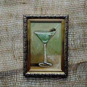 Dirty Martini Oryginalny obraz olejny 6 x 4 w Koktajl Sztuka Bar Cart Dekoracja Oliwki Malowanie Ręcznie Malowane Małe Szkło Koktajl Wybierz Mały Dekor