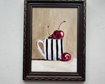 Pintura al óleo de cerezas, bodegón de bayas pintado a mano, obra de arte enmarcada