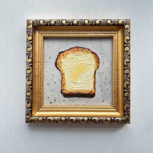 Peinture au beurre, pain grillé au beurre, peinture à l'huile originale, oeuvre d'art encadrée, petite cuisine, art déco, petit déjeuner, mini oeuvre d'art amusante