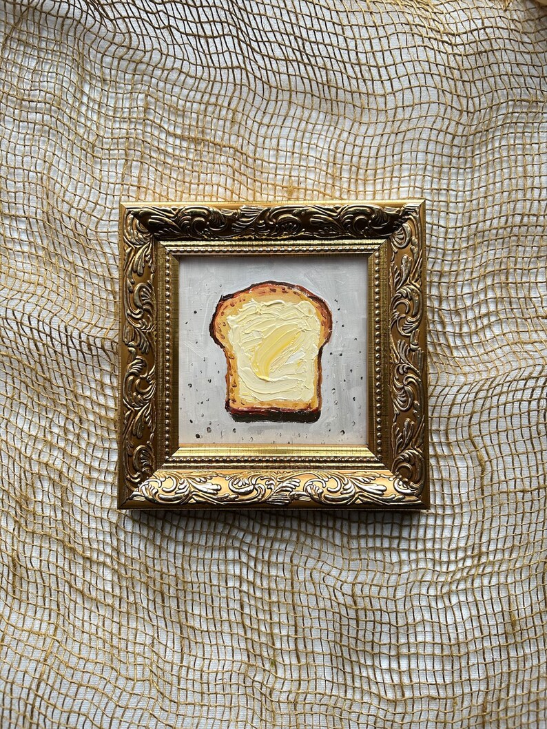 Buttered Toast Original Oil Painting Small Framed Food Art Breakfasta ...