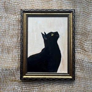 Chat noir Peinture à l'huile originale 7 × 5 pouces Oeuvre d'art encadrée Parfaite pour les amoureux des chats Chat noir peint à la main Oeuvre d'art pour animal de compagnie Portrait de chat