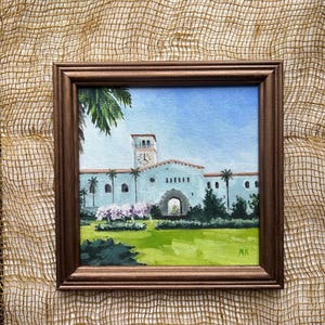 Santa Barbara Courthouse Original oil painting on canvas board 8×8 inches Framed artwork Californian landscape Tropical scene painting