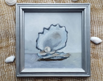 Oyster Oil Painting, Framed Coastal Artwork 7x7 in Ocean wall art Original paintings