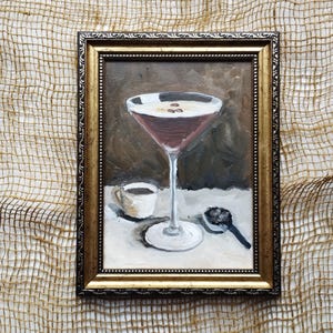 Espresso Martini Oryginalny obraz olejny 5×7 cali Sztuka koktajlowa Dekoracja wózka barowego Malowanie kawy Espresso Malowany ręcznie koktajl