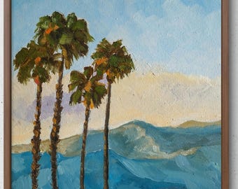 Palm Trees Oil Painting: Californian Mountain Landscape, Framed Art (7x7 in)