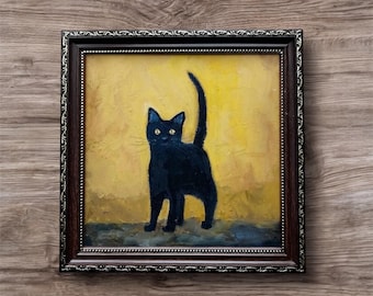 Black Cat Original Oil Painting, Handpainted Artwork (7x7 in)