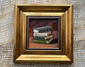 Mini books painting 4x4 in Original oil artwork Hand Painted Wall Art, Literary Home Decor