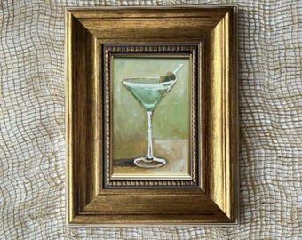 Dirty Martini Peinture à l'huile, nature morte cocktail (6 x 4 po.)