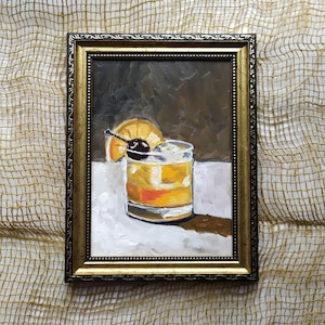Old fashioned Cocktail Original oil painting Cocktail Art Bar Cart Decor Still Life Hand-painted Cocktail Scene