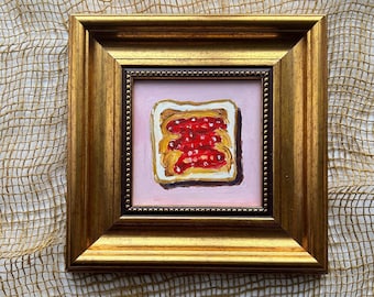 Toast origineel olieverfschilderij klein ingelijst voedselkunst ontbijt kunstwerk 4 x 4 in