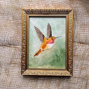 Dipinto ad olio di un colibrì, arte impressionista con cornice (5 x 7 pollici)