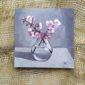 桜 7х 7インチ 小 オリジナル油絵 桜 花 ピンク 桜 絵画 額入りアート作品 彼女への贈り物