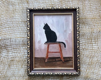 Black Cat Original Oil Painting: 5x7 inches Framed Artwork