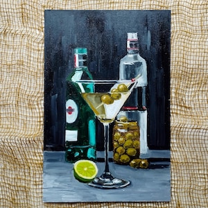 Dirty Martini Oryginalny obraz olejny 12 x 8 cali Dekoracja wózka barowego Malowanie oliwek Dirty Martini Martwa natura Malowane ręcznie dzieło sztuki koktajlowej