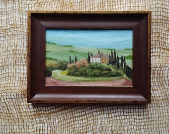 Pintura al óleo original de Toscana, paisaje mediterráneo, pequeño paisaje artístico italiano, mini obra de arte pintada a mano