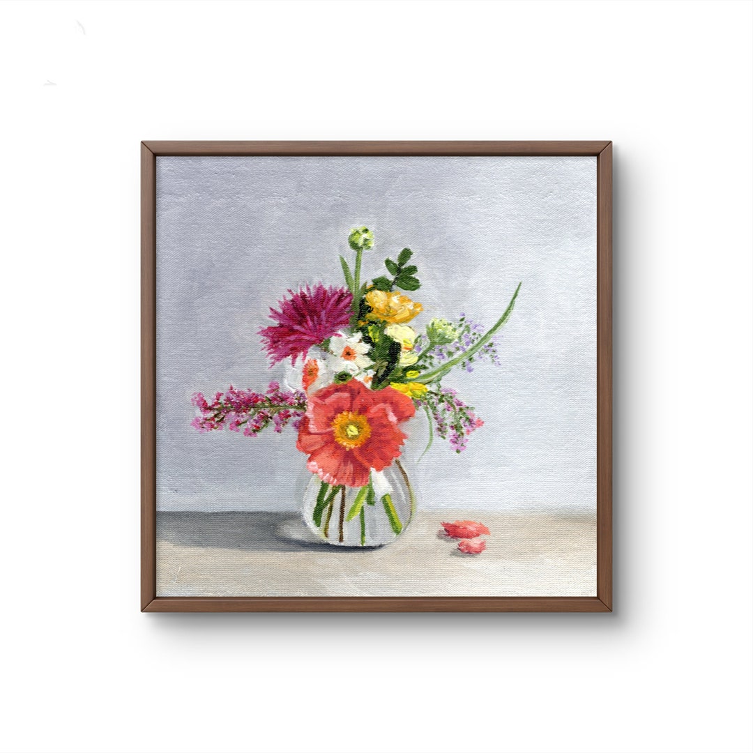 Original Oil Painting on Canvas Red Poppy Framed Artwork 8×8 in Elegant ...