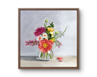 Bouquet d'été Peinture à l'huile originale sur toile Nature morte florale Bouquet de fleurs variées Coquelicot rouge Oeuvre d'art encadrée 20 x 20 cm