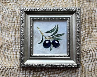 Olives Oil Painting Small original still life Miniature Framed Art 4x4 in
