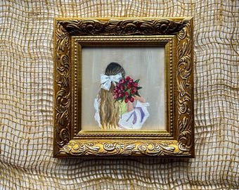 Woman with  Flowers Original Oil Painting on board 4x4 inches Hand-Painted Figurative Art