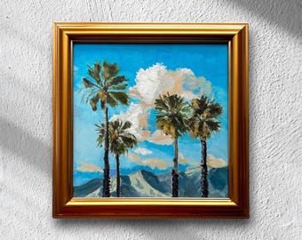 Palmeras, pintura al óleo original: paisaje californiano (18 x 18 cm)