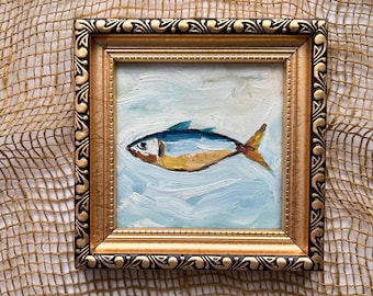 Sardine painting Small fish Original oil artwork 4x4 in Mini framed art